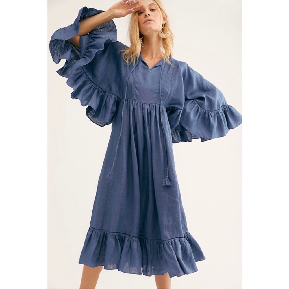 Free People x Carolina K Antonia Linen Midi Dress Blue Wing Sleeve Ruffle NWT XS